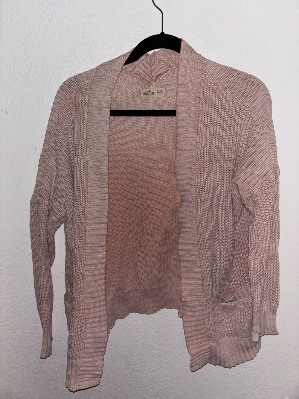 Vintage Hollister Women’s Blush Pink Open-Front Knit Cardigan with Pockets